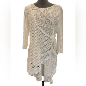 Feratelli Cream Cotton Blend Knit Crochet Mixed Panel Lagenlook Boho Tunic Top M